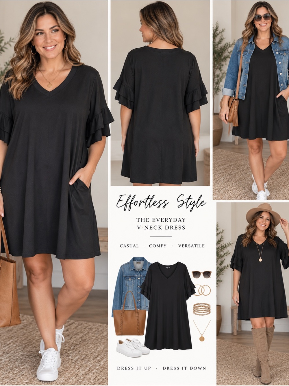 NWT Everyday V-Neck Ruffle Sleeve Mini Dress - Black